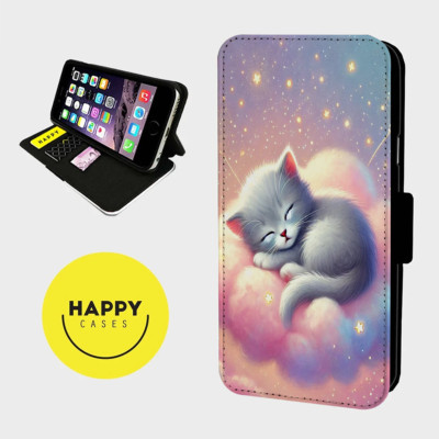 SÜSSE SCHLÄFRIGE KÄTZCHEN WOLKE - Kunstleder Klapp Handy Hülle Cover - iPhone/Samsung