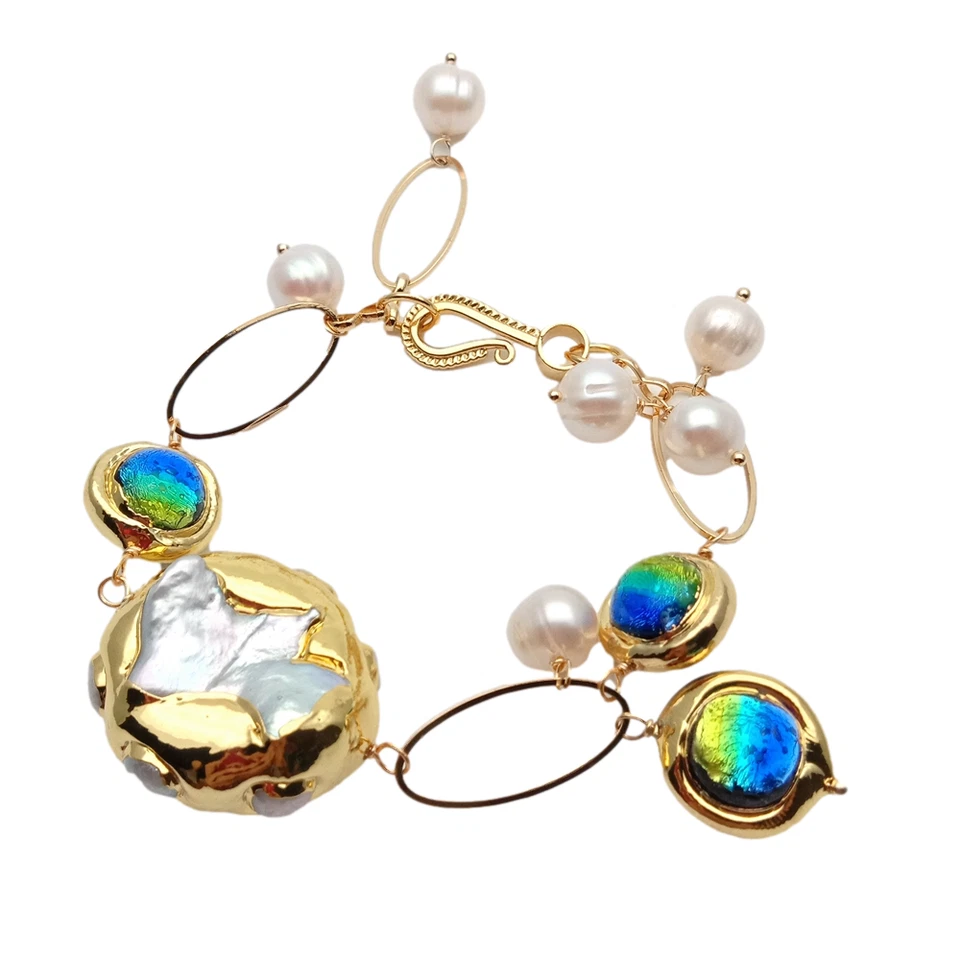 Brazalete Blanco Perla Keshi Pata Perla Azul Cristal de Murano con Borde Chapado en Oro Foto 3 de 4