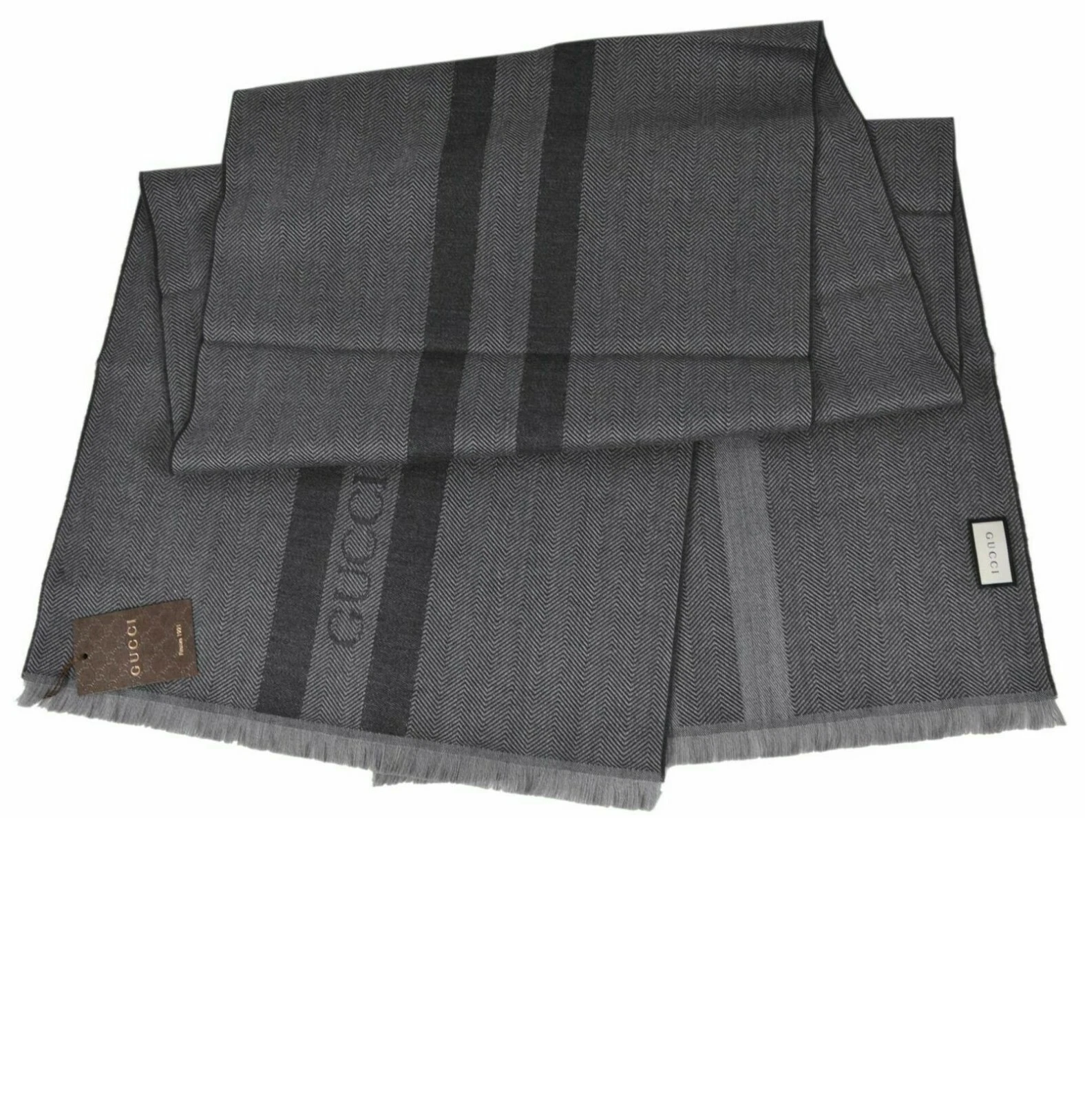 Foulard rayé Gucci 544628 ombre laine gris brodé logo   75