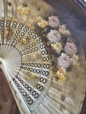 hand fan Museum Quality European HAND PAINTED FLORAL 16" FRAMED w/ Gold Gilt