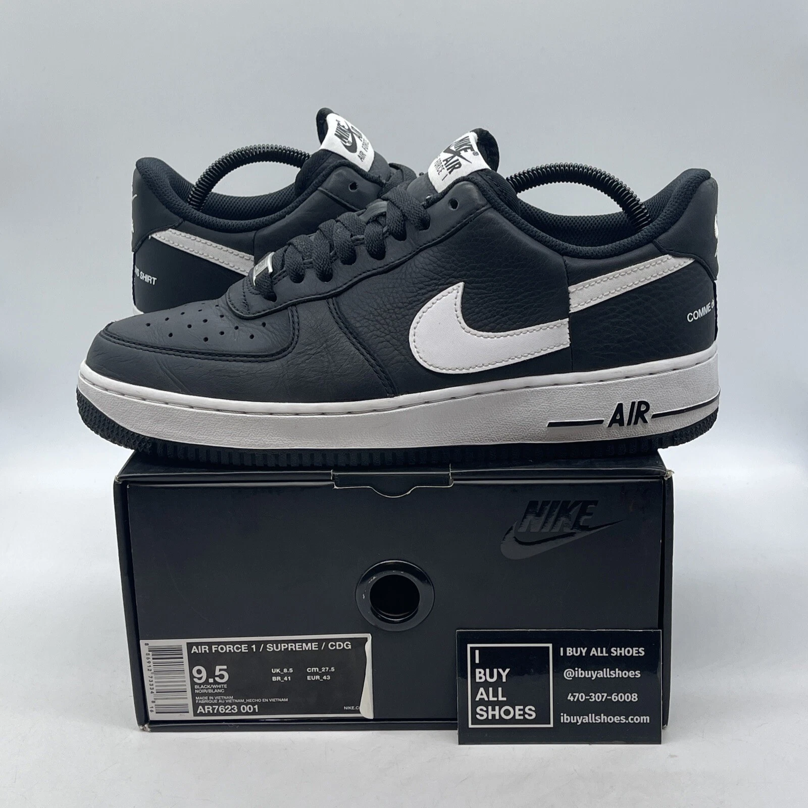 Taille 9,5   CHEMISE Nike Supreme x Comme des Garçons x Air Force 1 basse noir blanc