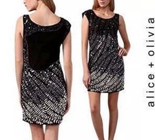 Alice + Olivia Black Silver Sequin Beaded Cocktail Party Mini Dress
