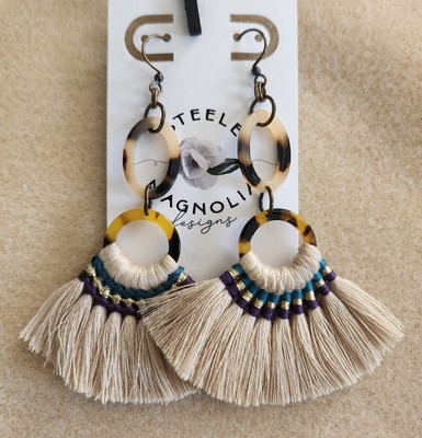 Handmade Fancy Fan Tassel Statement Earrings - Beige & Oval Tortoise Resin Link