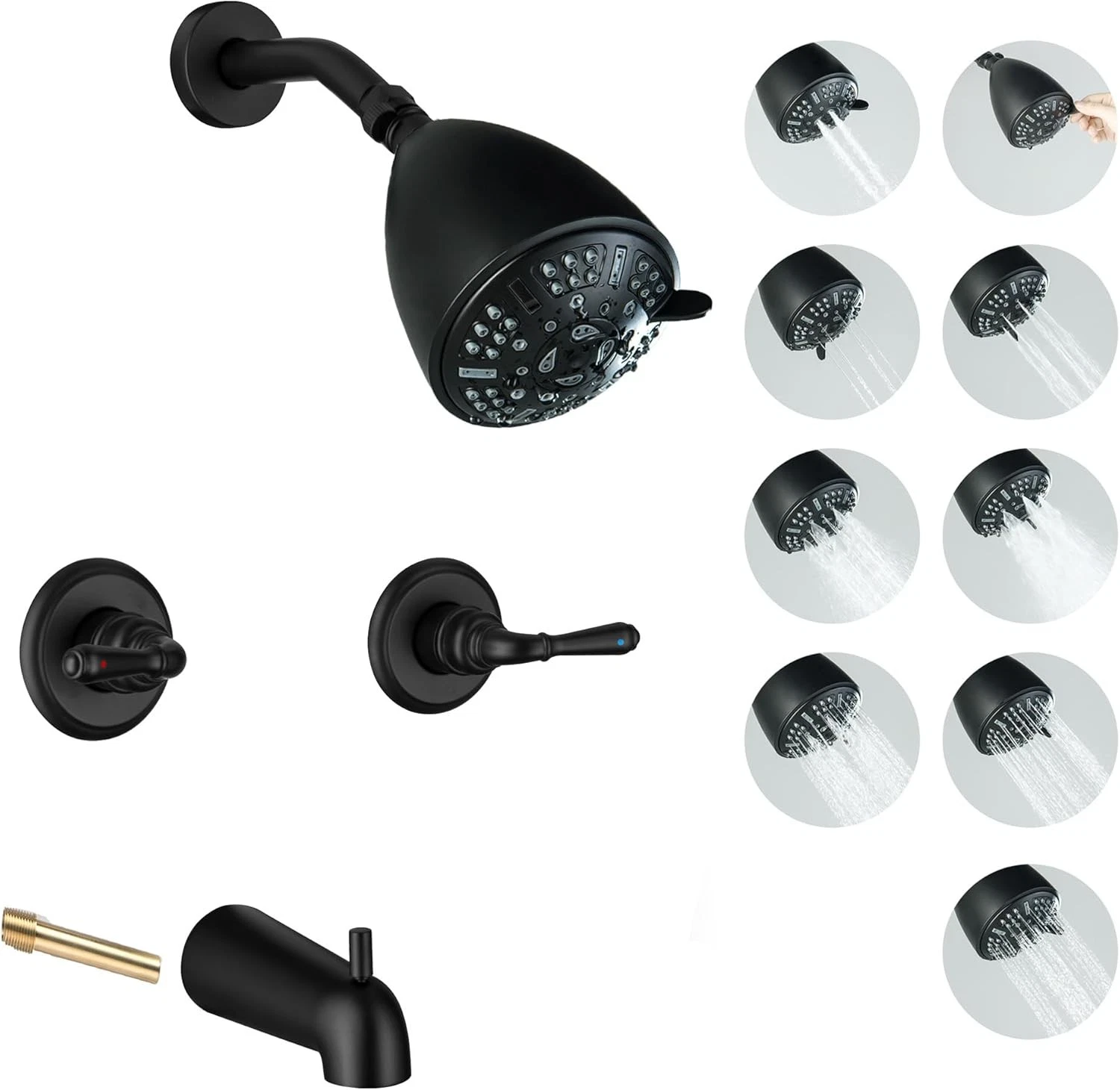 Matte Black 2 Handle Shower Faucet 9 Mode Filter Head