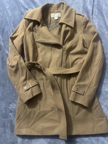 Cappotto donna Michael Kors misto lana marrone con cintura asimmetrico zip tg 8