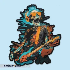 Rocking Skeleton Patch: Embroidered Guitarist with Headphones, Iron-On