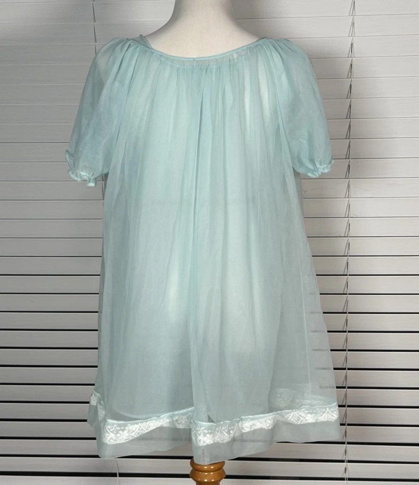Conjunto PEIGNOIR de chiffon azul década de 1950 camisola e roupão ~tamanho grande - Imagem 3 de 4