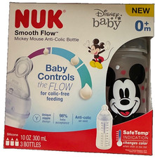 NUK Disney Mickey Mouse Smooth Flow Anti-Colic 10oz Bottles 3 Pack NEW SafeTemp