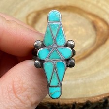 Vintage Zuni Native Turquoise Inlay Silver Ring Size 5.5