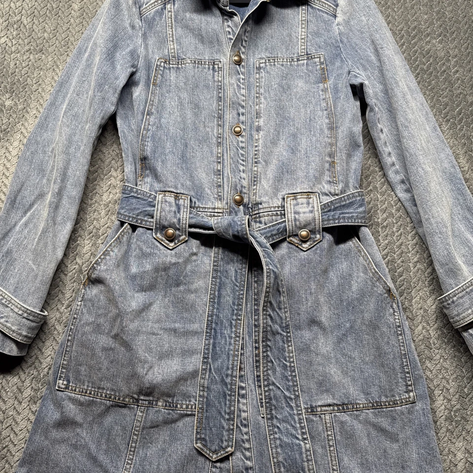 Free People Denim Trench Coat Women S Blue Belted Button Front Long Jean Jacket - Image 4 of 4