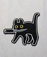 Funny Cute Black Cat with Knife Patch, Embroidered Iron On/Sew On 2.5"