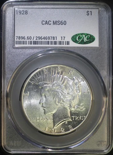 1928 P Peace Silver Dollar CACG MS60 Lustrous BU Well Struck Key Date CAC Coin