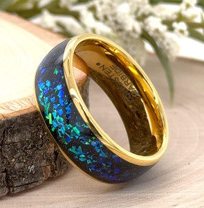 8mm Gold Tungsten durable Christmas Ring Blue Glitter Inlay Scratch-Free Band