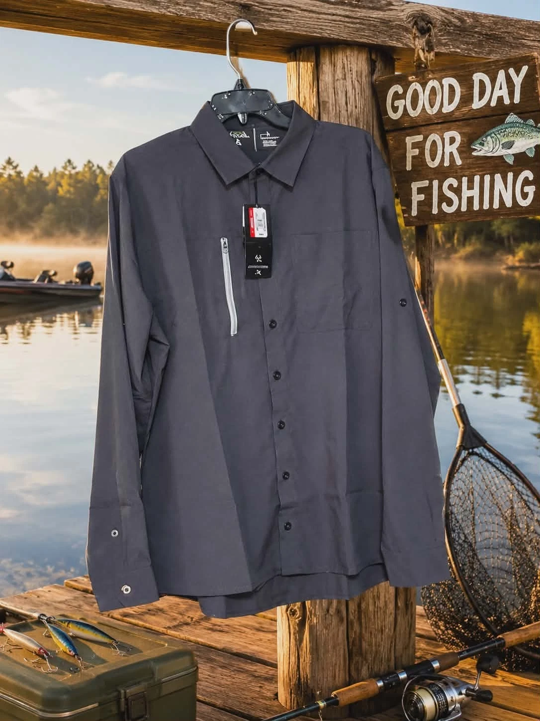 Antigua Tactical Fishing Shirt Mens L Charcoal UPF 104549 Vented Camp Long...