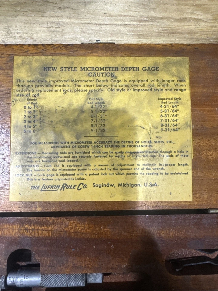 Lufkin 513 深度千分尺 0-6 英寸复古 — 第 2/4 张图片