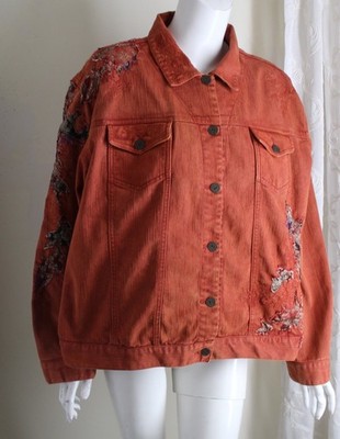 Chico's Sz 3 XL Rusy Red Orange Shirred CutAway Really Cool Denim Jean Blazer