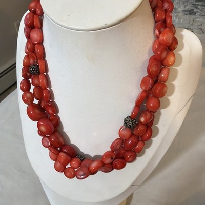 Vintage Sterling Silver 925 Triple Strand Red Coral Necklace 16 In boho chunky 