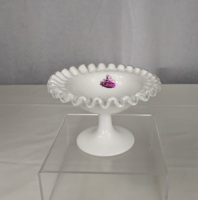 VTG Fenton White Milk Glass Ruffle Edge Pedestal Candy Dish Sticker Decor
