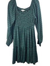 Lucky Brand Women’s Dress L Plaid Smocked Peasant Tiered Puff Sleeve Square Neck