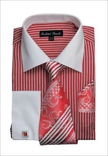  Men's Dress Shirt with Tie + Handkerchief, French Cuff Links Striped  FL631