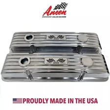 Small Block Chevy 355 Flag Logo Polished Valve Covers, Finned - Ansen USA