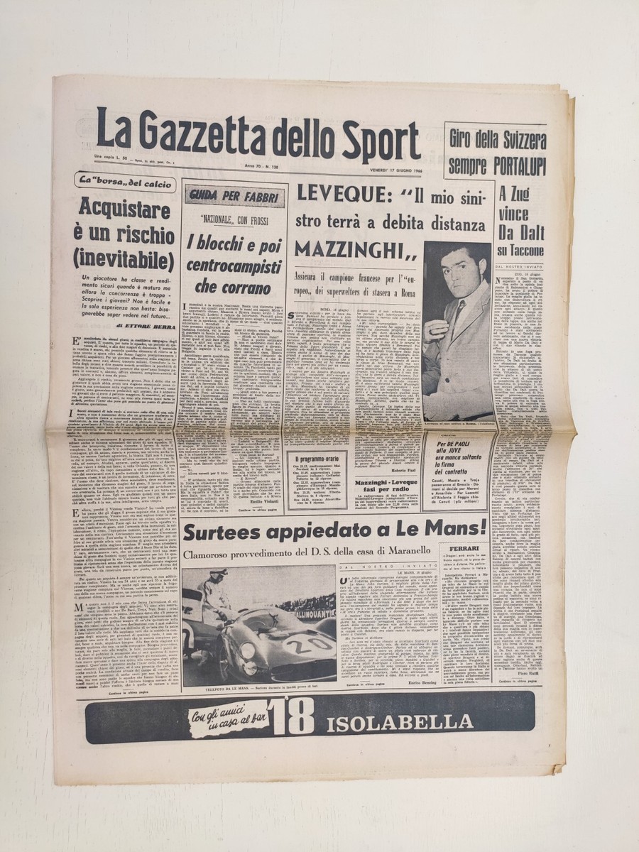 Gazzetta Dello Sport 17 Juin 1966 – Mazzinghi-Leveque-Zug – Totocalcio – Original