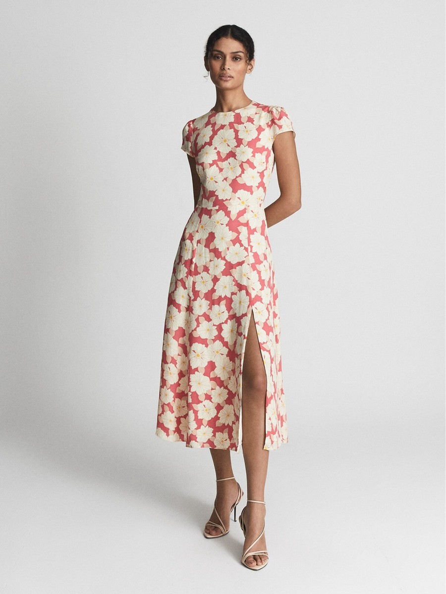 Reiss Womens Coral LIVIA PRINTED CUT OUT BACK MIDI DRESS UK Size 14 | eBay