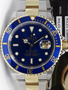 ROLEX-Mens-18kt-Gold-amp-SS-Submariner-Blue-Index-No-Holes-16613-LB-SANT-BLANC