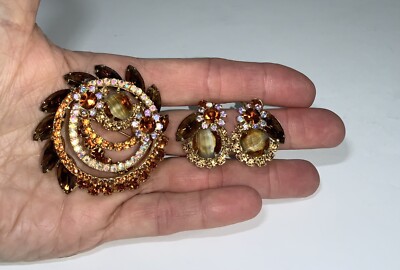 Vintage Verified Juliana D&E Caramel Givre Mocha AB Rhinestones Brooch Earrings