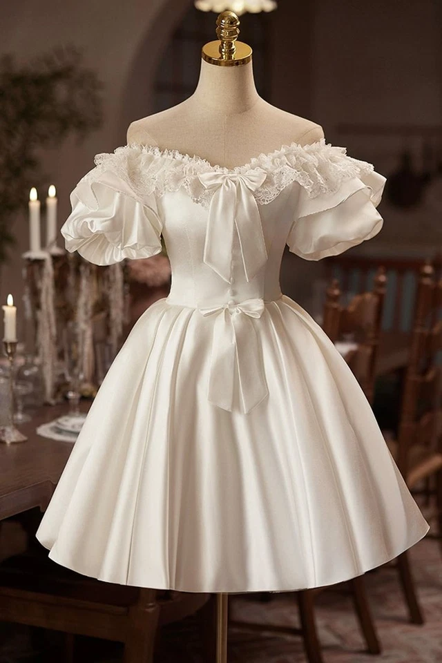 Princess Short Wedding Dresses with Puff Sleeves Off Shoulder Satin Bridal Gowns - Image 3 of 4