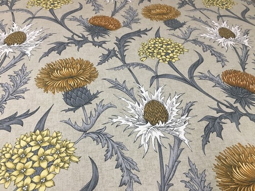Thistle Fabric Cotton Soft Grey/Ochre Floral Curtain Blind Craft - Picture 5 of 5