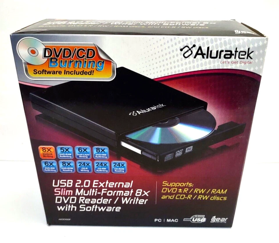 Aluratek AEOD100F USB 2.0 Externo Delgado Multiformato 8X Lector/Grabador de DVD Foto 2 de 4