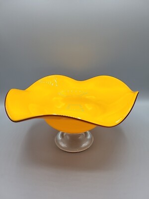 Cased Glass Centerpiece Bowl Ruffle Wave Edge Pedestal Funky Canary Yellow  