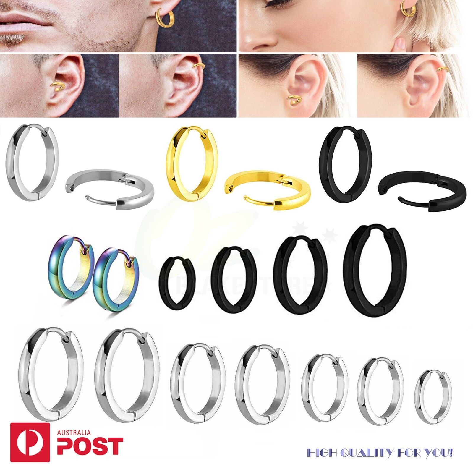 1 Pair Huggie Earrings Hoops Ear Studs Surgical Steel Clip on 7-16mm 2mm thick