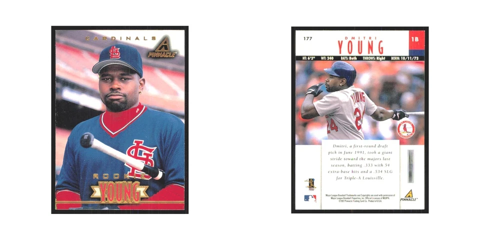 1997 Pinnacle Dmitri Young RC Cardinals #177 - Image 3 of 3
