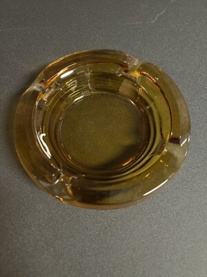 Vintage Amber  Glass  Small Ashtray  Round  4 Rest Bays 4.5'' Retro Amber Glass