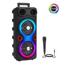Portable DJ System with Dual Subwoofers, LED Karaoke Machine, Mic, RGB Lighting