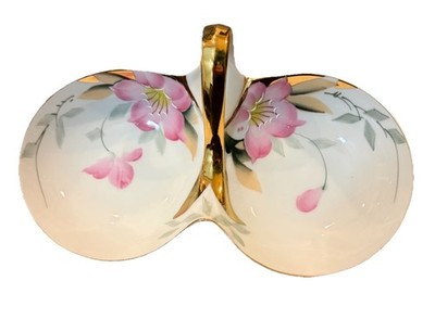Noritake Azalea Exquisite Loop Handled Twin Relish, Gold Trim, Red Pattern Mark