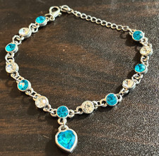 Jeweled Bracelet Silver Chain with Blue & Clear Rhinestone Jewels Heart Charm