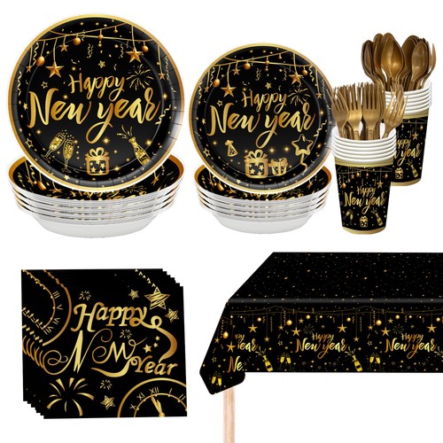 KatchOn, Happy New Year Plates Cups and Napkins Set - Serves 25 Guest | New Year