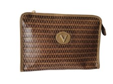 Authentic Vintage Mario Valentino Brown Signature V Printed Logo Clutch Bag