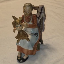 Vintage Norleans, Japan, Porcelain Old Woman Sitting Sewing Stuffed Animal