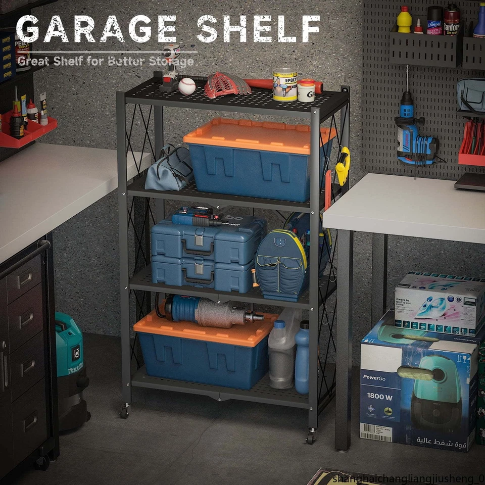 4-Tier Foldable Metal Shelf 28"x13"x50" | Wheels & Hooks Garage Kitchen Foto 2 de 4