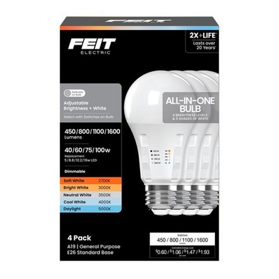 Feit Electric A19 LED Bulb 16W 100W Equivalent Adjustable White Dimmable 4-Pack