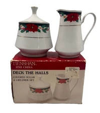 NOS Tienshan Fine China Deck the Halls Covered Sugar & Creamer Set Retired W/Box
