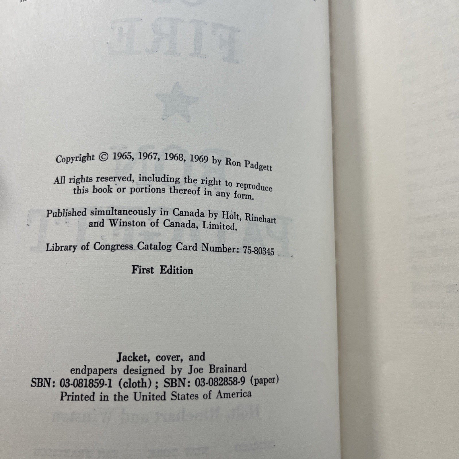 Great Balls Of Fire, Ron Padgett Poems, Stated First Edition First Printing 1969