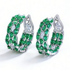 Sparkly Green Cubic Zirconia Silver Plated Big Wide Hoop Earrings for Women Gift