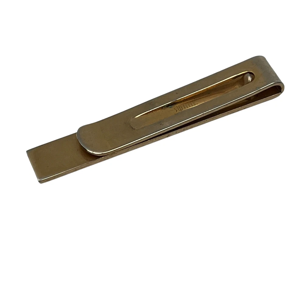 Barra de corbata Swank vintage tono dorado marrón imitación cuero inserto 2 3/4 pulgadas Foto 3 de 4