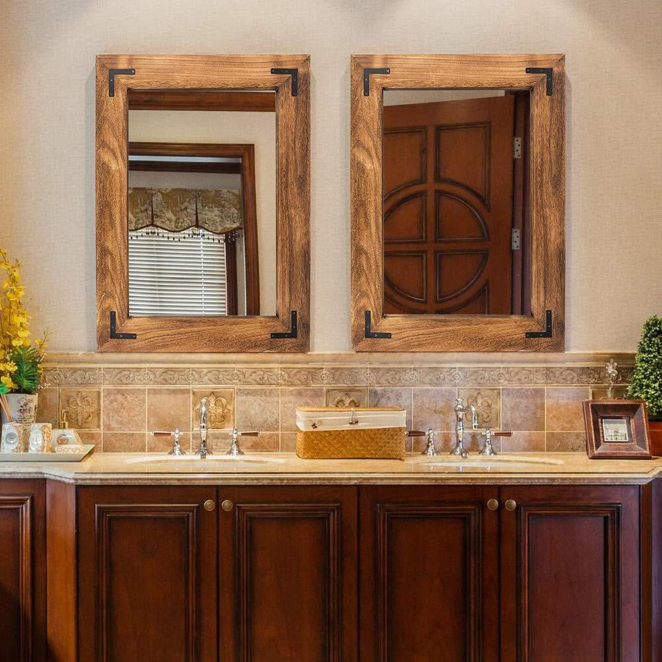 YOSHOOT Rustic Wooden Framed Wall Mirror, Natural Wood Bathroom Vanity