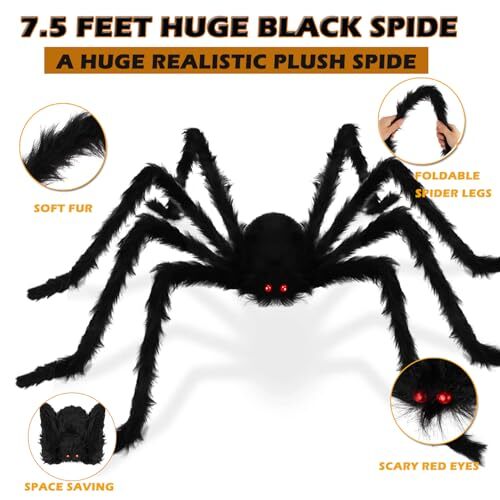Halloween Riesenspinne Outdoor Dekorationen, 7,5 Fuß riesige haarige schwarze Spinne, - Bild 5 von 8